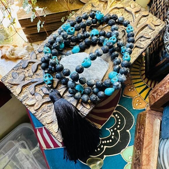 Skull Turquoise And Lava Stone Mala Necklace - Picture 3 of 6